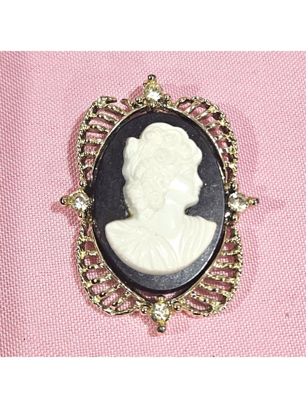 Vintage Cameo Pendant Black Resin Silver-Tone Frame Rhinestone Accents